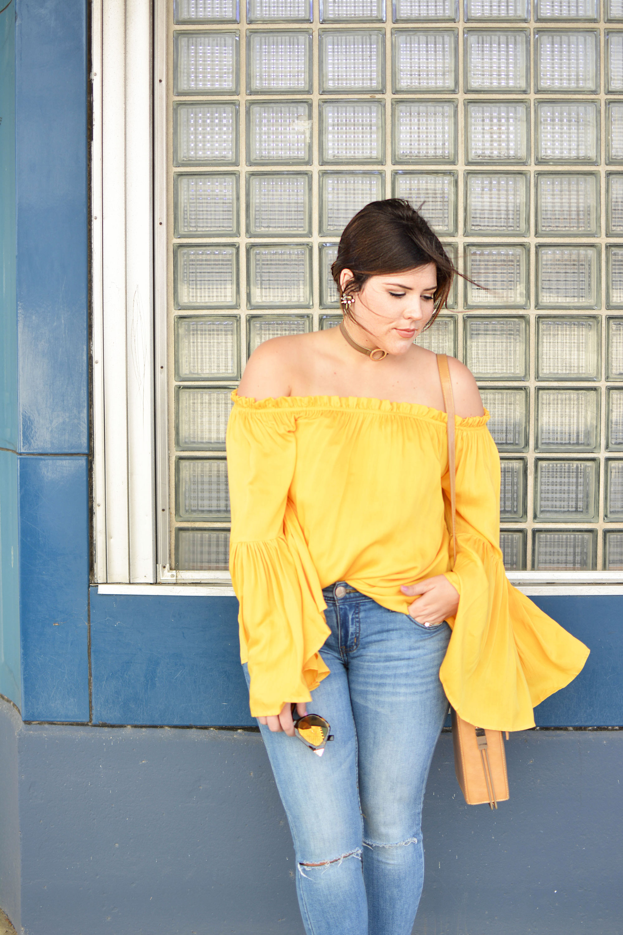 yellow off the shoulder shirt