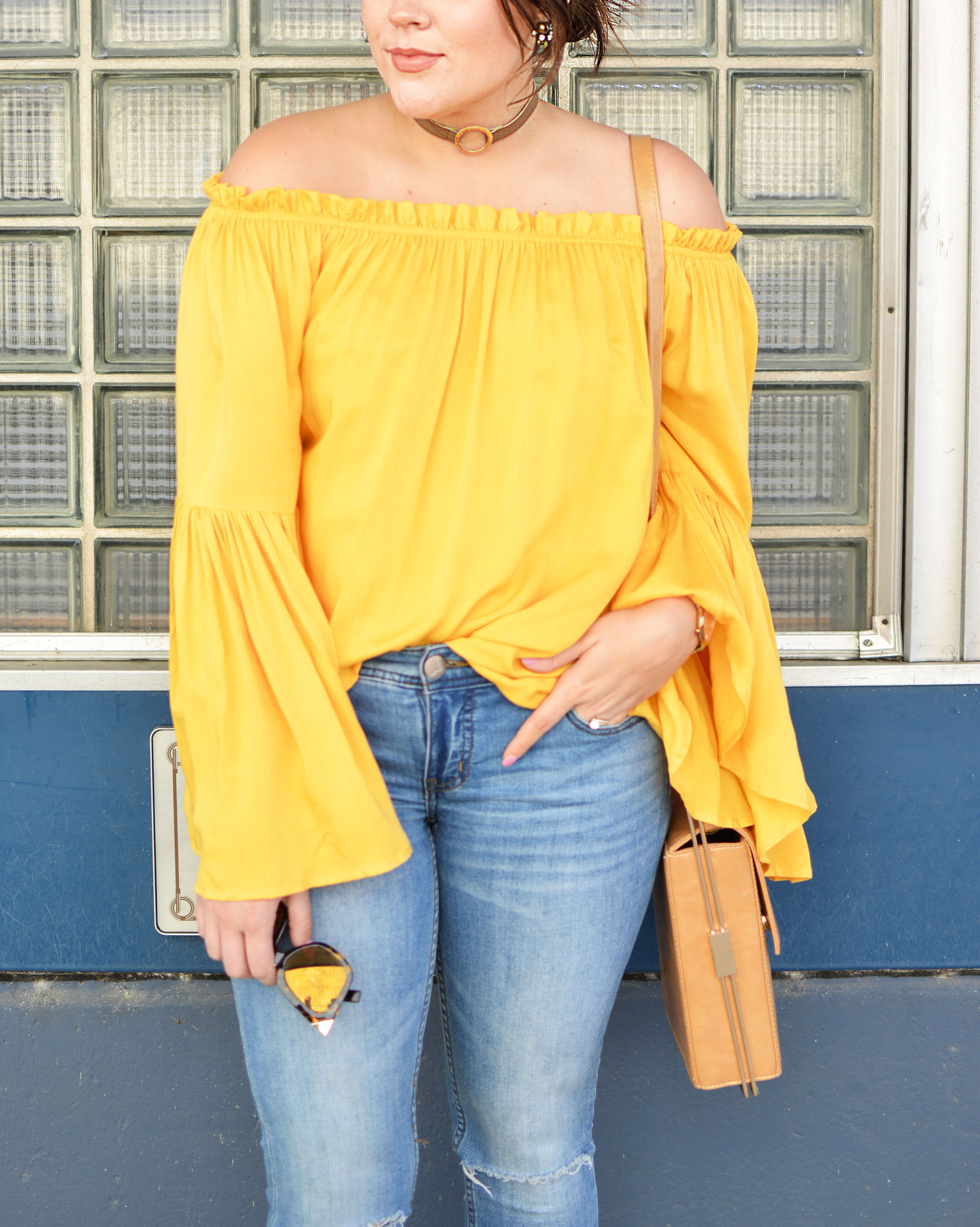 Yellow off sales shoulder top outfit